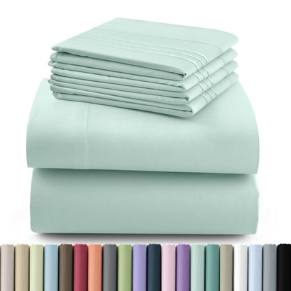 Fitted Sheet Set 6-Piece Brushed Polyester Deep Pocket Bed Sheets 20 Colors Hotel Luxury Bedding with Embroidered Pillowcases