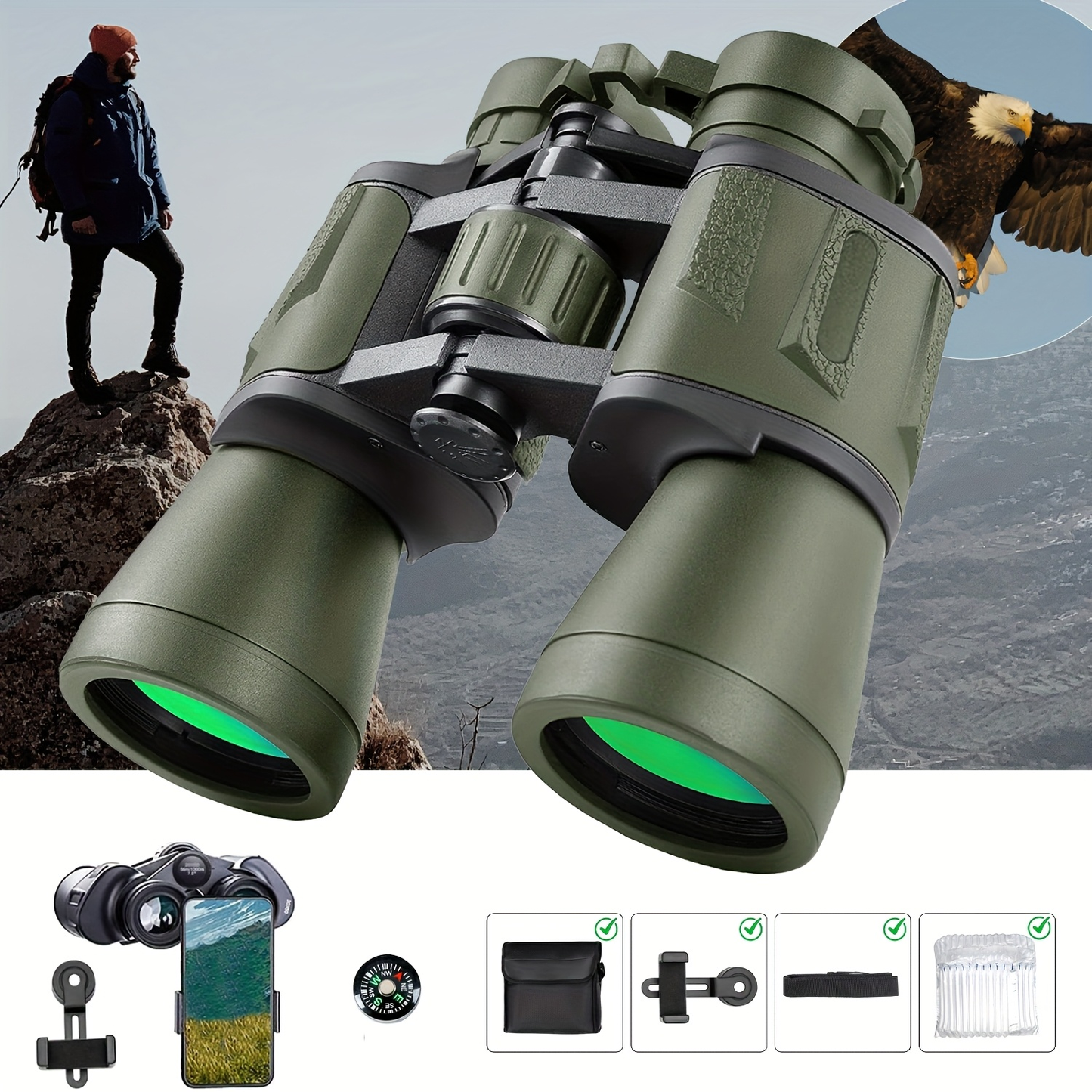 Full-Size 10x50 Binoculars with Smartphone Adapter, Carry Case and Neck Strap in Black, Mud or Green