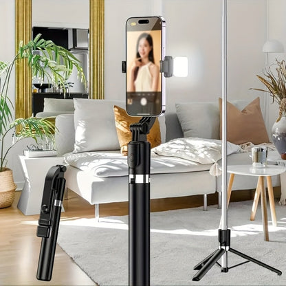 66.9-Inch Selfie Stick Tripod with Telescoping Silver Pole, Wide Black Floor Base and Remote