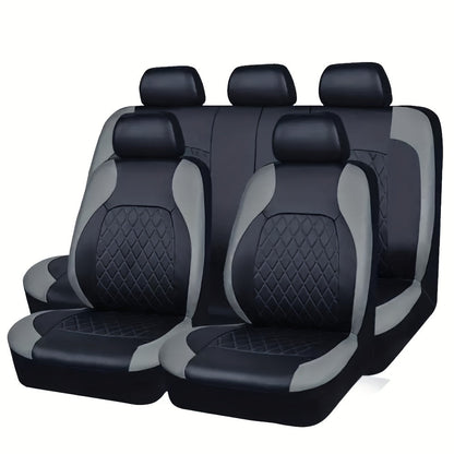 Five-Seat Quilted Car Seat Cover Set with Headrest Pieces in Black, Gray and Blue-Trim Color Options