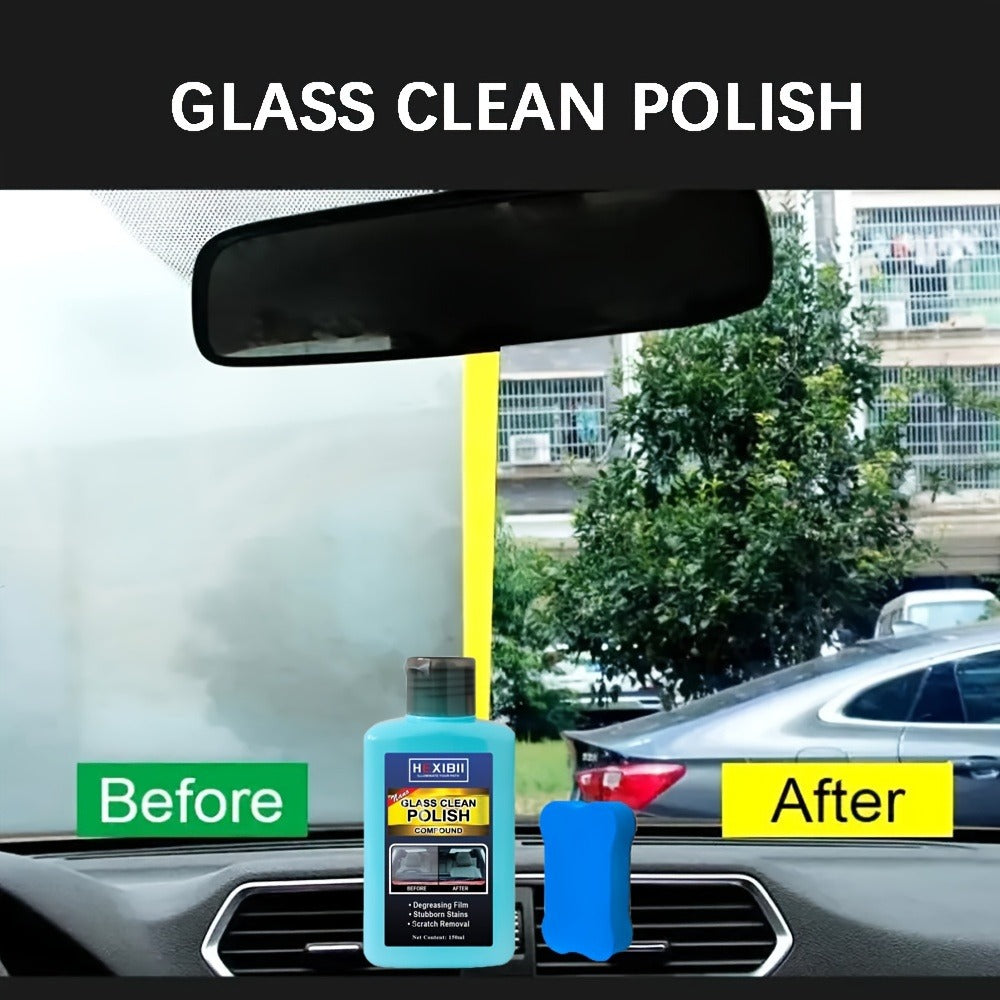 Car Glass Polish by HEXIBII, 150ml Oil-Film Cleaner Compound with Two Sponge Applicators for Windshields