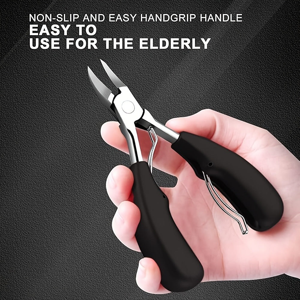 Angled Nail Clipper Set, Four Black-Handle Clipper Tools with Curved Jaws, File and Round Accessory