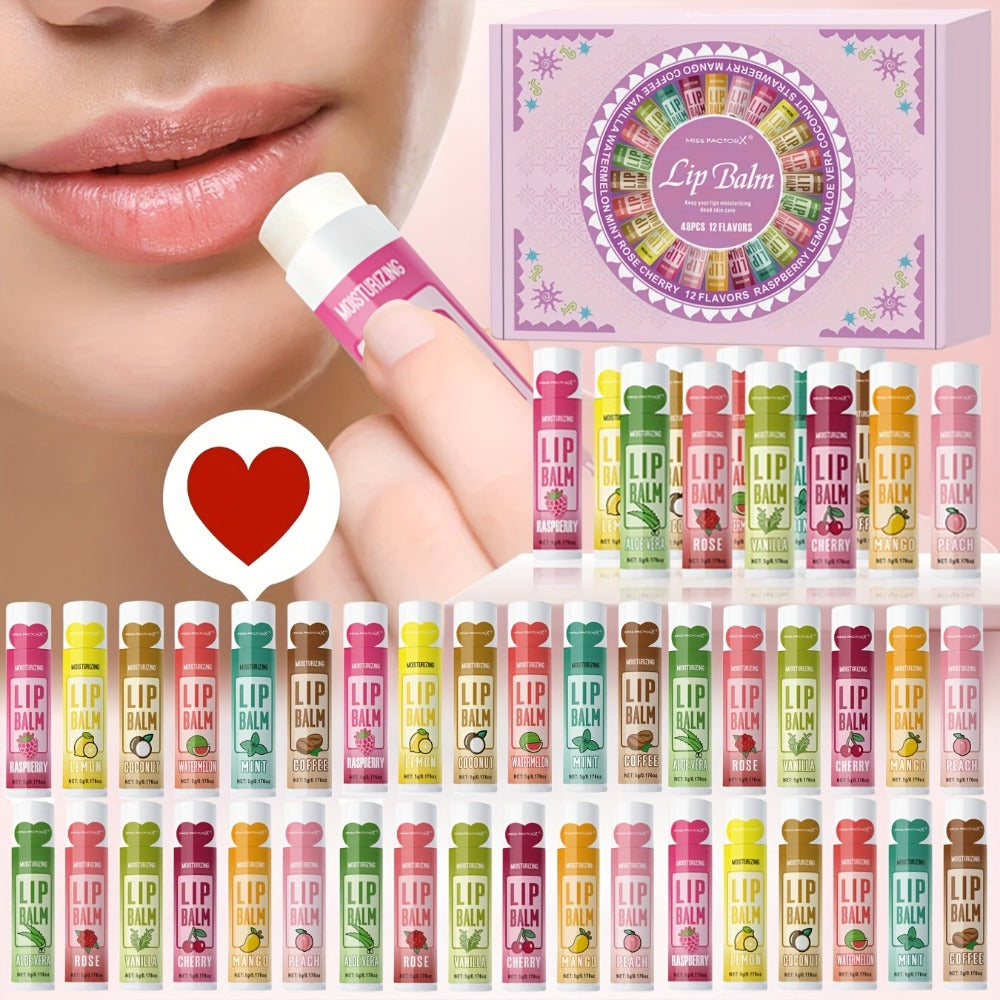 Lip Balm Gift Set 48pcs MISS FACTORX – Moisturizing Glycerin Lip Butter, Hypoallergenic Natural Finish for All Skin Types