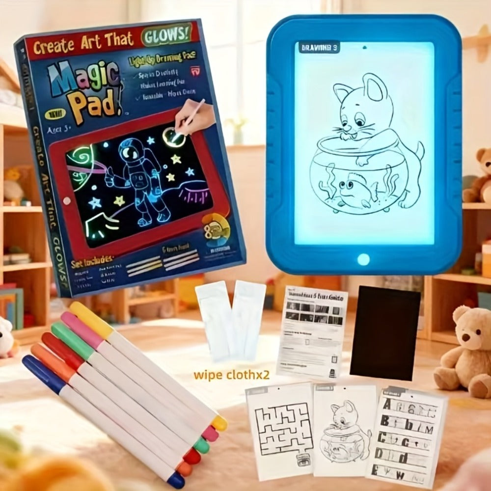 Magic LED Drawing Board for Kids with 15 Double-Sided Tracing Cards & 6 Markers, Light Up Luminous Art Board for Boys & Girls Ages 3-8