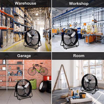 Industrial Floor Fan 24 Inch 9000 CFM Drum Fan 3-Speed 360 Degree Tilt with Casters for Entryways, Bedrooms and Living Spaces