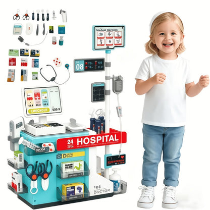 Doctor Play Set for Kids 49 PCS, Role Play Medical Station & Cashier Toy Kit for Boys Girls, Pretend Doctor Nurse Cashier