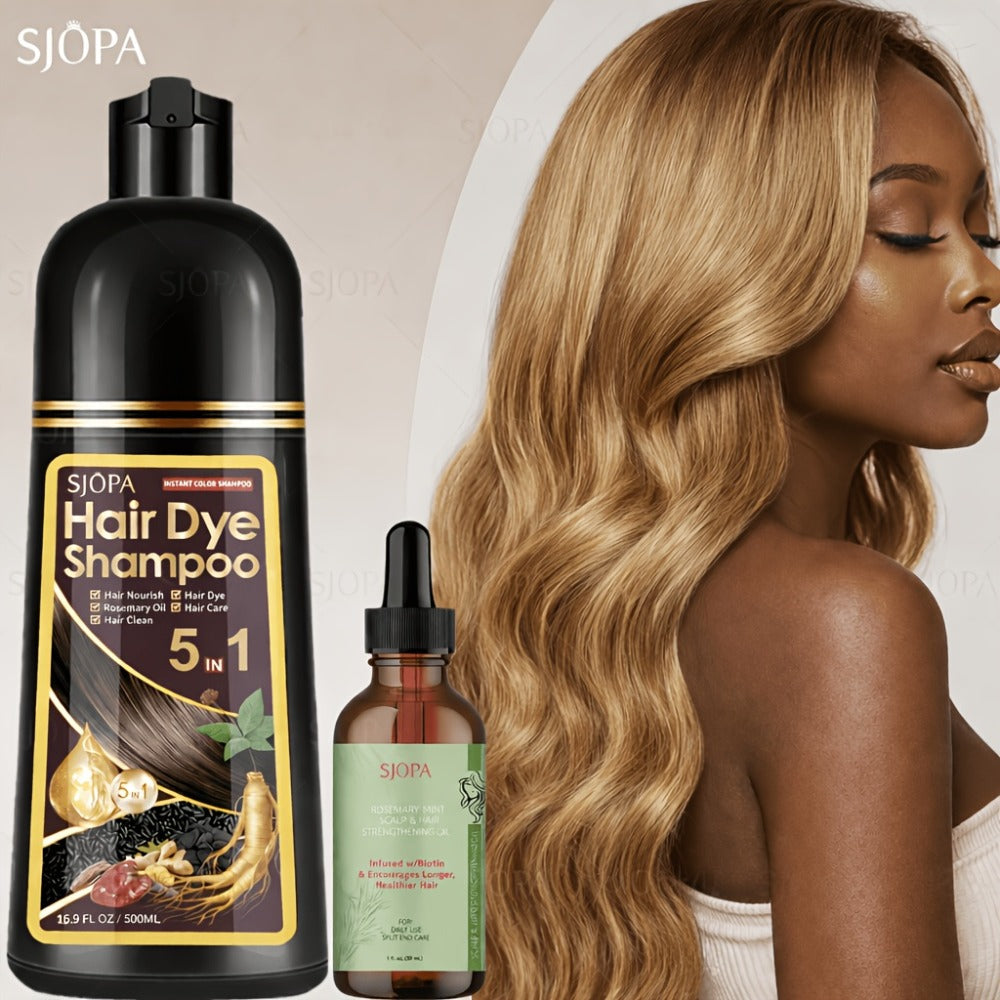Gray Coverage Hair Dye Shampoo Kit 3-in-1 with Rosemary Hair Oil - Quick Color, Gentle & Natural Formula for Men & Women