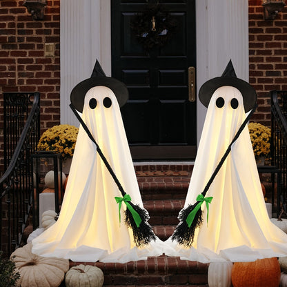 Halloween Ghost with Broom Outdoor Decoration, Eerie Spooky Ghost Ornament for Porch, Yard, Garden & Lawn