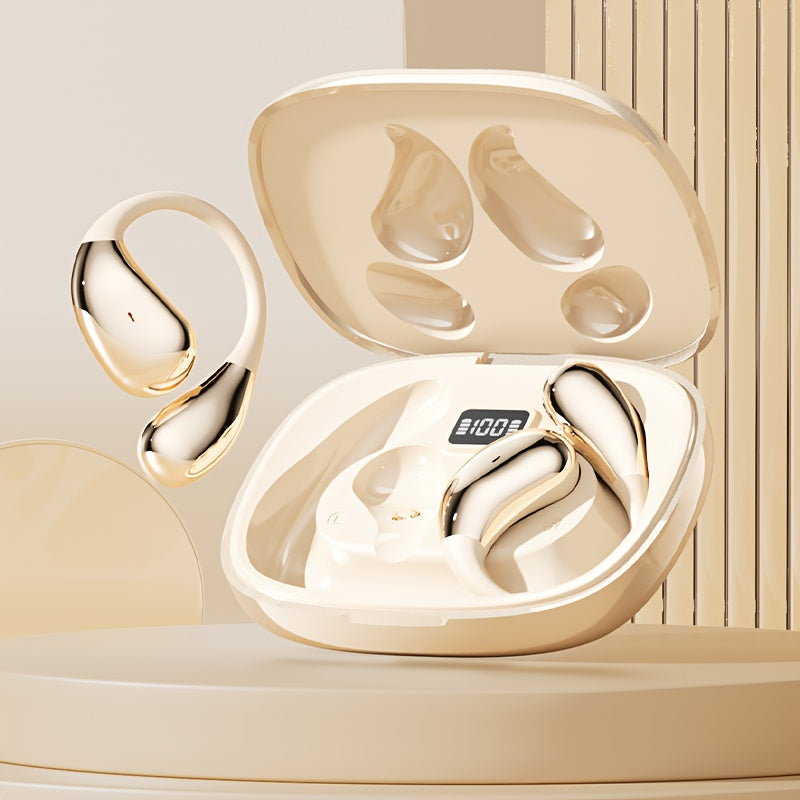 Wireless Earbuds Eloriorz Open-Ear Hooks with Bluetooth 5.3, LED Display and Black or Beige Color Options