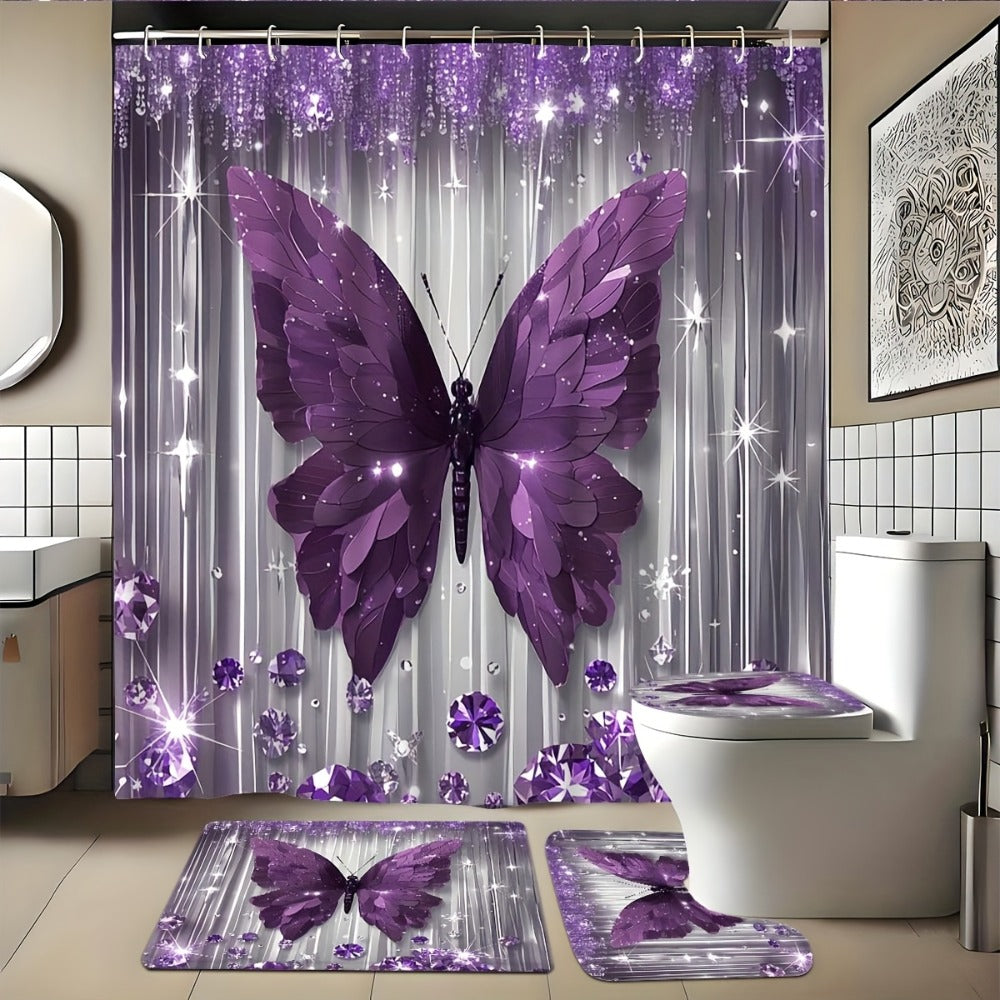 Butterfly-Print Shower Curtain with Four Colors and Single-Curtain or Four-Piece Bathroom Set Options