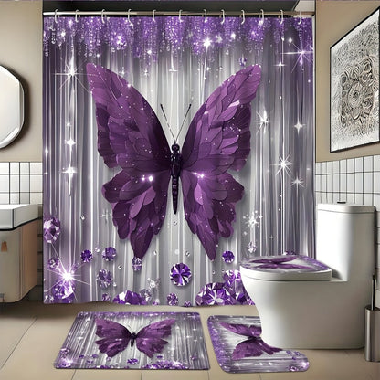 Butterfly-Print Shower Curtain with Four Colors and Single-Curtain or Four-Piece Bathroom Set Options