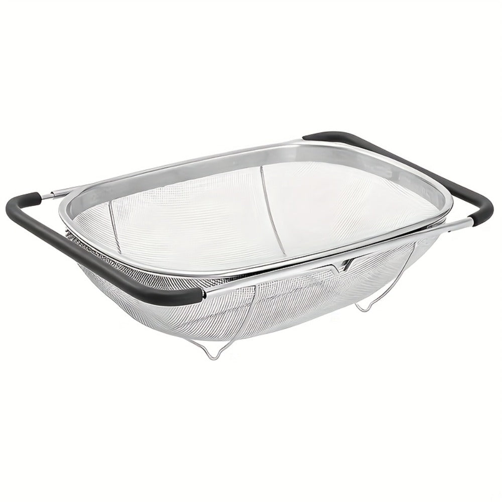 Stainless Steel Colander Expandable Fine Mesh Drain Basket Strainer for Vegetables Fruits for Home Cooking, Dining and Outdoor Meals
