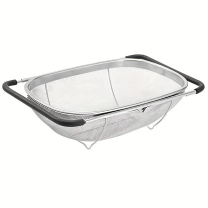Stainless Steel Colander Expandable Fine Mesh Drain Basket Strainer for Vegetables Fruits for Home Cooking, Dining and Outdoor Meals