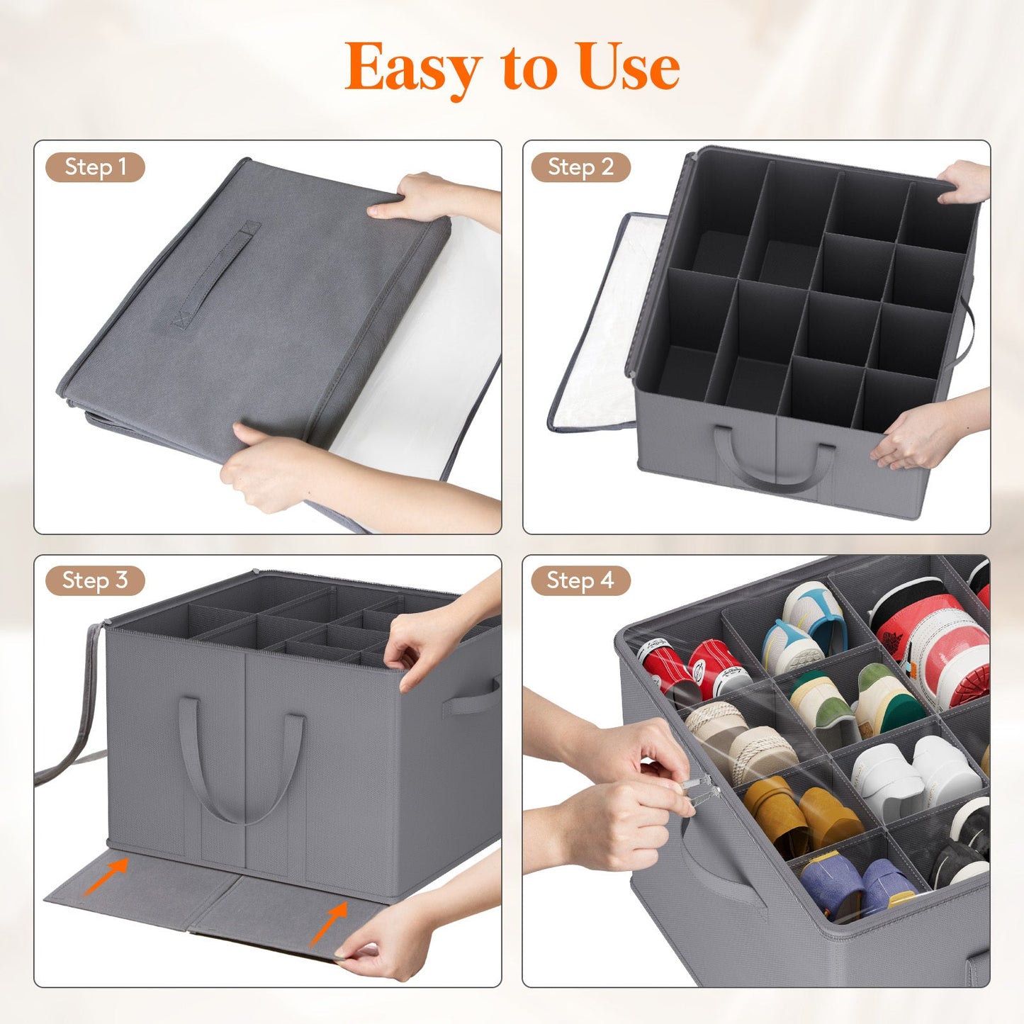 Shoe Storage Organizer with Clear Cover – Foldable Shoe Box for Closet, Fits 12-16 Pairs, Reinforced Handles, Dust-Proof Non-Woven Fabric
