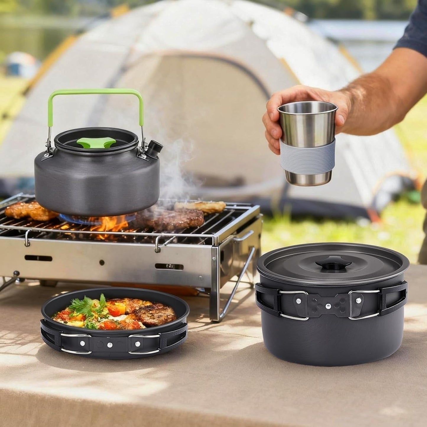 Camping Cookware Set, 19- or 27-Piece Coated Aluminum Mess Kit with Pot, Pan, Kettle, Cups, Plates and Cutlery