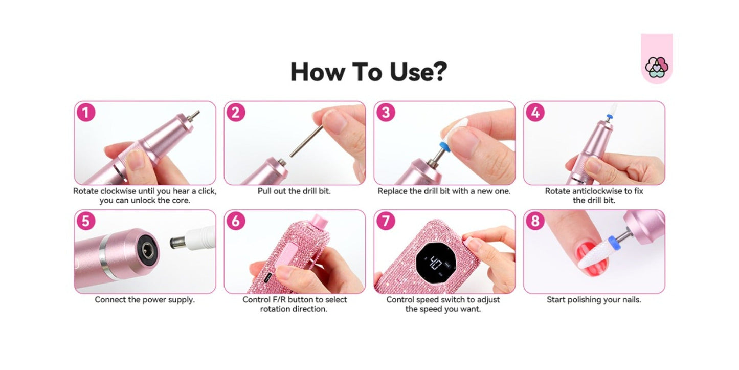 Electric Nail Drill 40000 RPM Rechargeable Professional Nail Drill Machine 4000mAh Battery LCD Display Ceramic Bits Sanding Bands