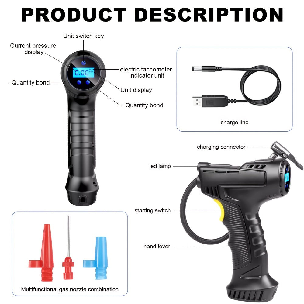Portable Air Compressor 5200mAh – Wireless Rechargeable Tire Inflator with Digital Pressure Gauge for Car, Bicycle & Ball, Auto Shut-Off