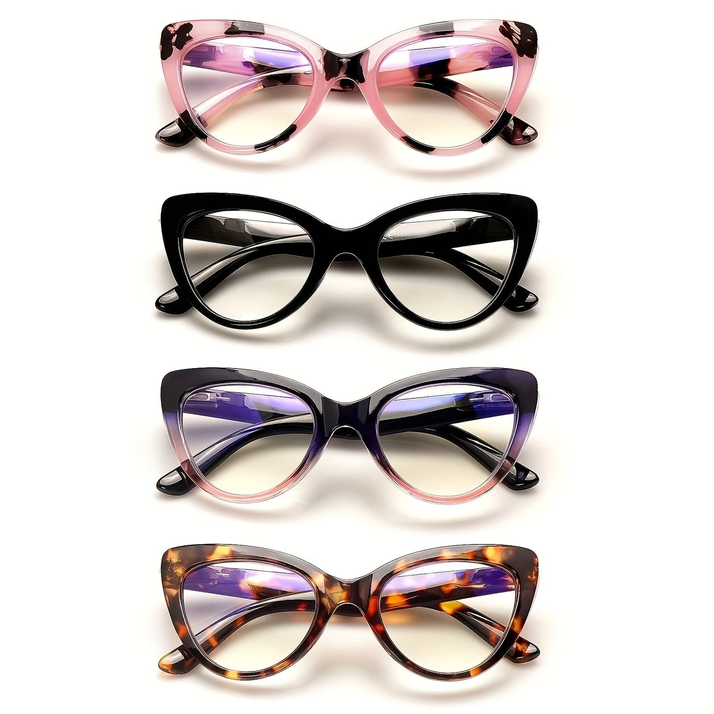 Reading Glasses – Four-Pair Cat-Eye Reader Set with Leopard and Gradient Frames with Multiple Strength and Color Options