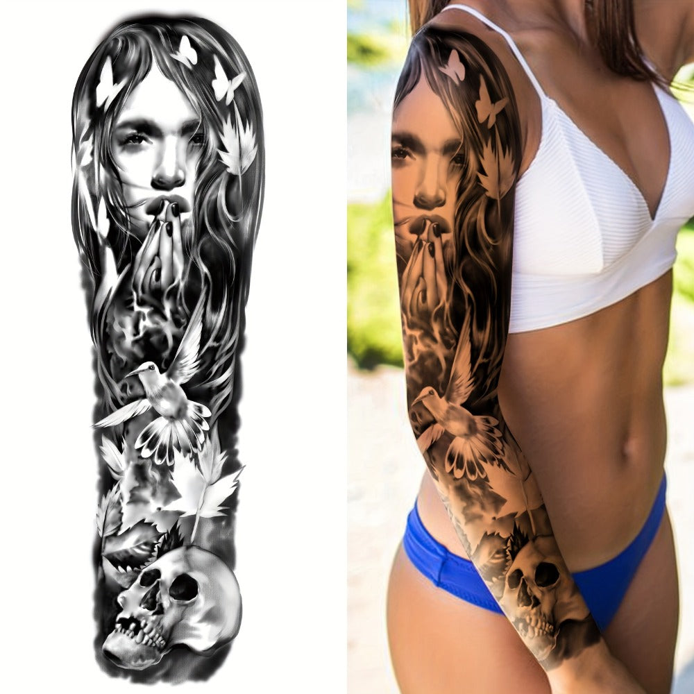 Full Arm Temporary Tattoo Stickers 8 Large Sheets Waterproof Black Realistic Koi Dragon Lion Floral