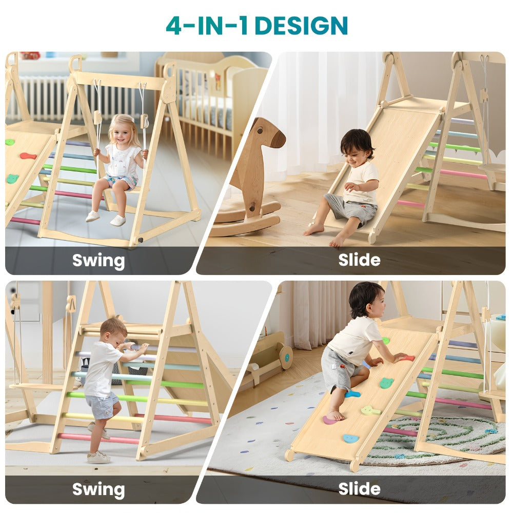 Foldable Indoor Wooden Jungle Gym for Toddlers, 4-in-1 Climbing Frame with Swing, Slide & Ladder