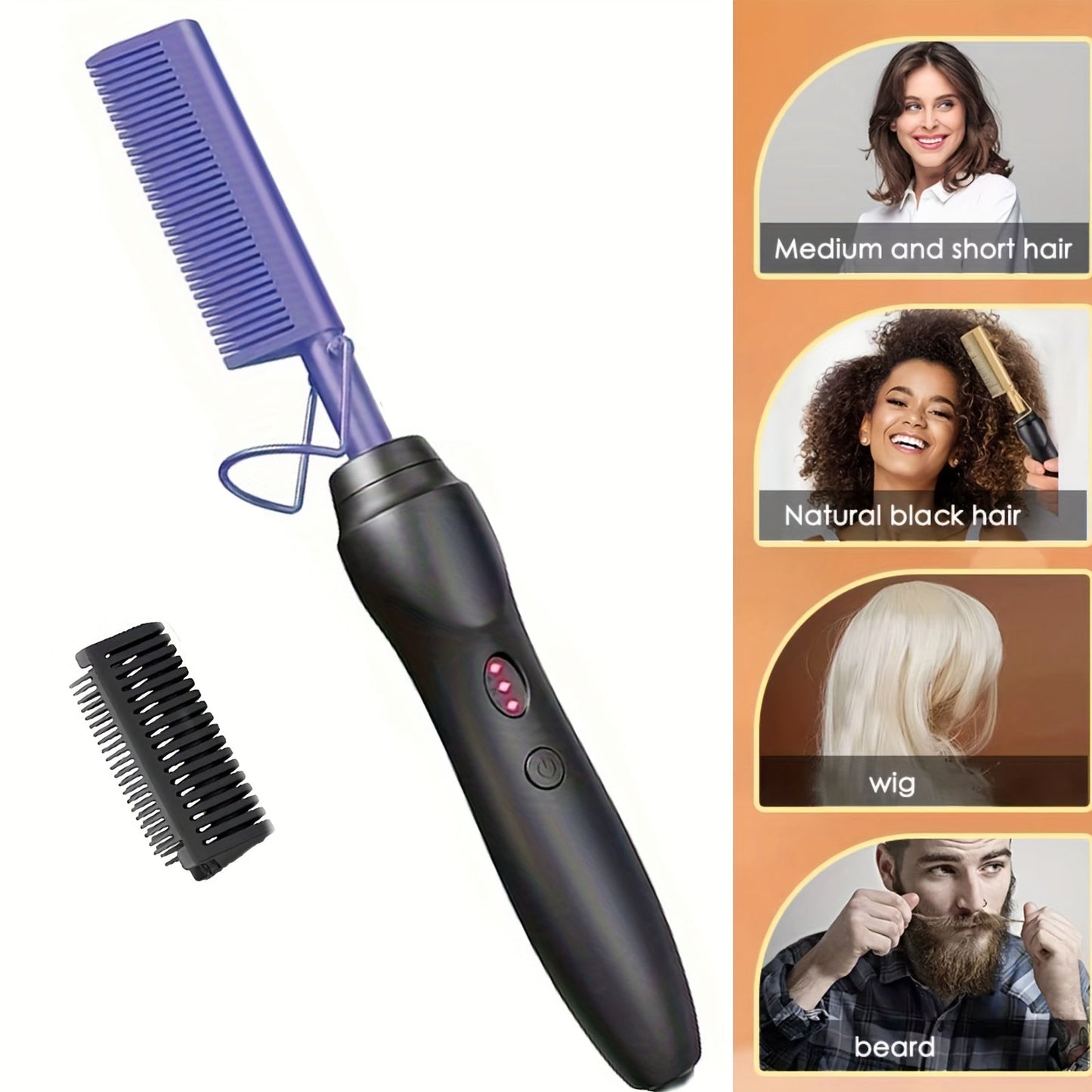 Electric Hot Comb Hair Styling Tool with Ceramic Heater, Holder, Two Clips and Five Color Options