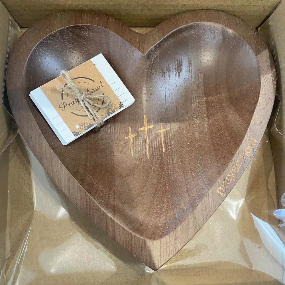 Wooden Prayer Bowl with 24 Prayer Cards – Hand-Carved Heart Shaped Cross Engraved Vintage Religious Gift Set for Easter, Christmas