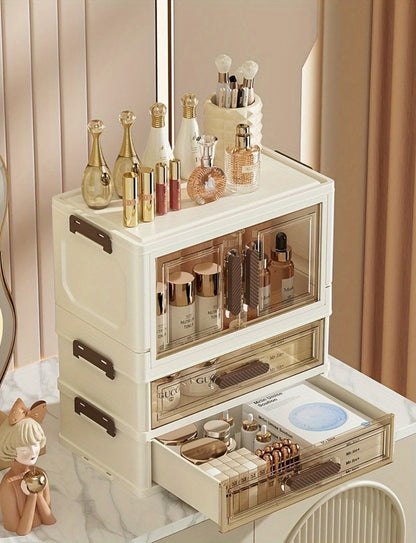 Modular Makeup Storage Cabinet with One or Two Doors, Two Transparent Drawers and White-Gold Trim