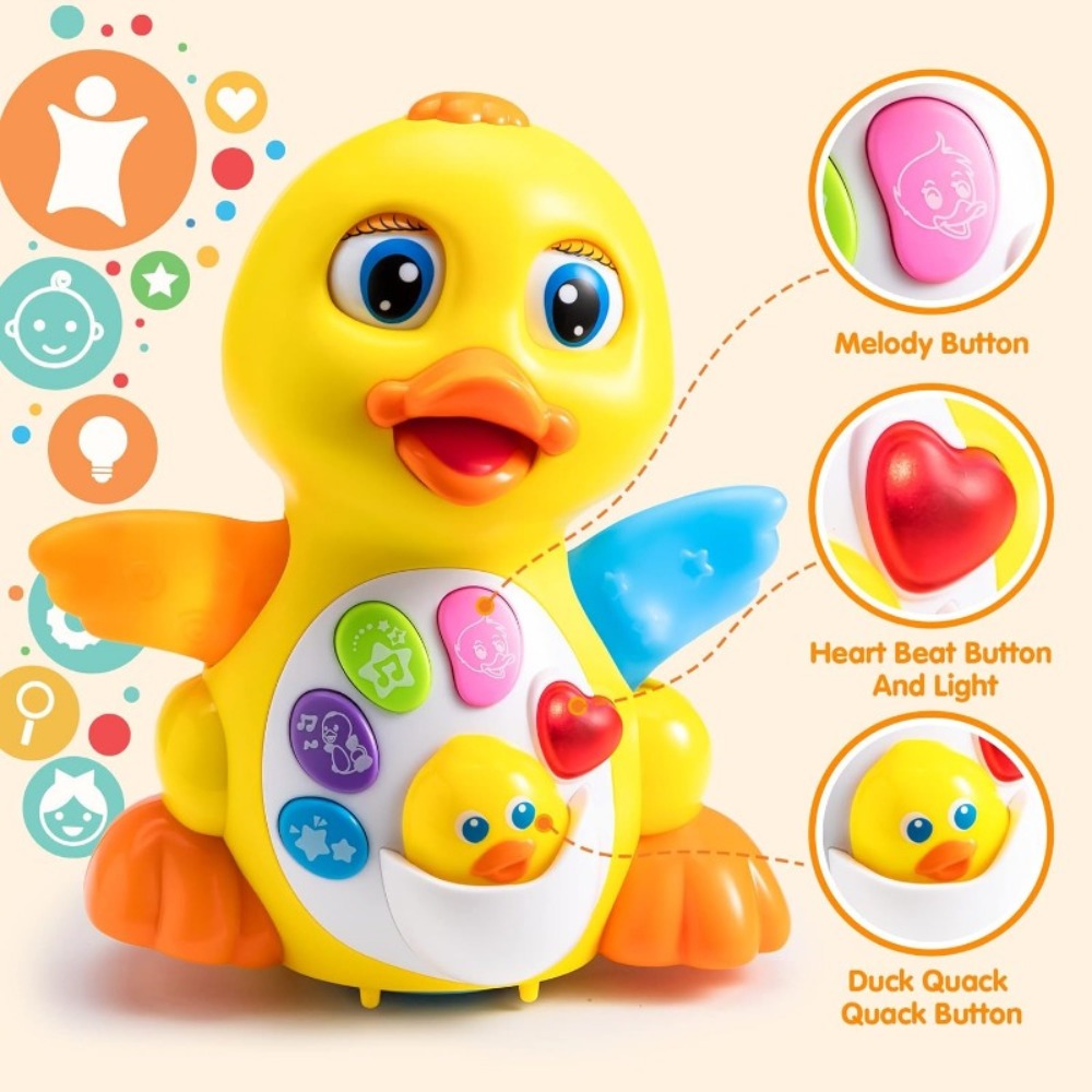 Musical Walking Duck Toy with Five Front Buttons, Flashing Wings and Rotating Wheel Base Pictured