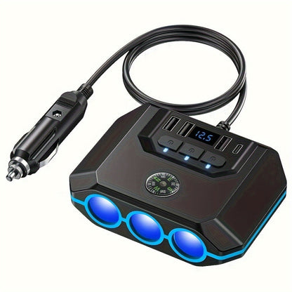 Car Cigarette Lighter Splitter 3-Socket 120W Power Outlet Adapter | QC3.0 + PD USB Ports | 12V/24V Voltage Monitor Independent Switch Car