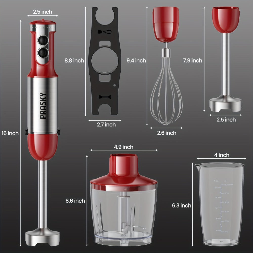 Immersion Blender 5-in-1 Handheld Mixer, Motor, Whisk Meat Chopper Measuring Cup Attachments, Stick Blender for Soups Smoothies Sauces
