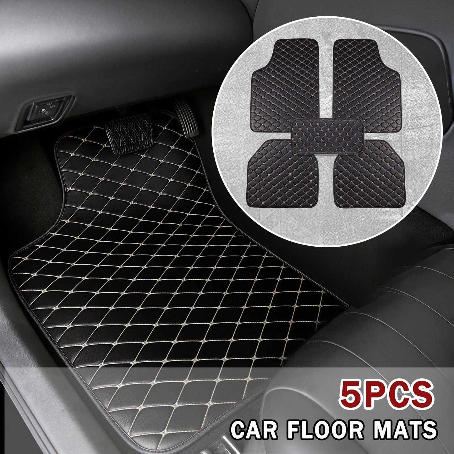 Quilted PU Car Floor Mats, Five-Piece Front and Rear Set in Red, Beige or Brown Color Options