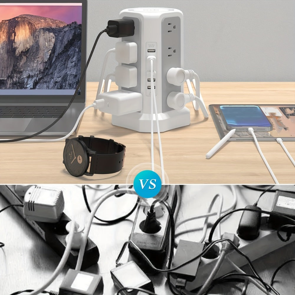PD18W USB-C Power Strip Tower 21-in-1, 16 AC Outlets & 5 USB Ports, 1500J Surge Protector, Angled Flat Plug