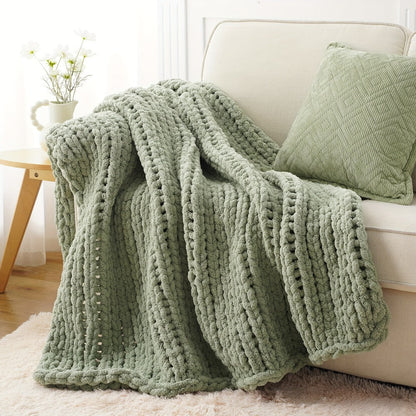 Chunky Chenille Cable Knit Throw Blanket, 350-400gsm Crochet Throw for Sofa, Bed & Couch, Vintage Patchwork