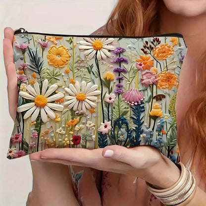 Makeup Bag Four-Piece Daisy Floral Foldable Zipper Pouch Set for Travel, Vanity and Everyday Beauty Storage