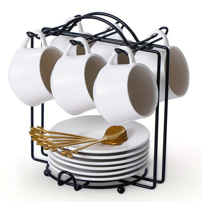 Espresso Cups Set of 6 with Saucers, Spoons & Metal Stands - 4oz Ceramic Cappuccino Coffee Cup Set
