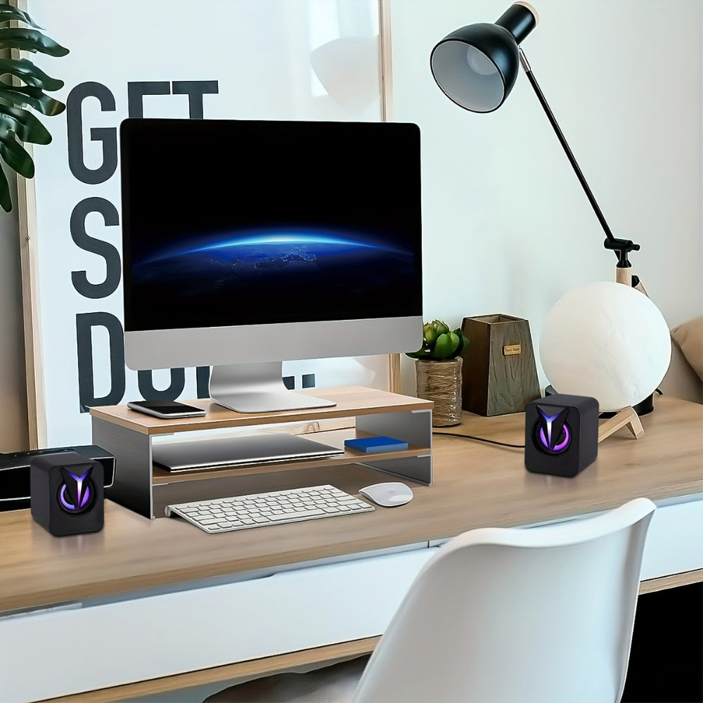 USB Powered Computer Speakers 2.0 Mini Stereo Desk Audio System with RGB Lights, Volume Control, 3.5mm AUX Input
