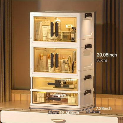 Modular Makeup Storage Cabinet with One or Two Doors, Two Transparent Drawers and White-Gold Trim
