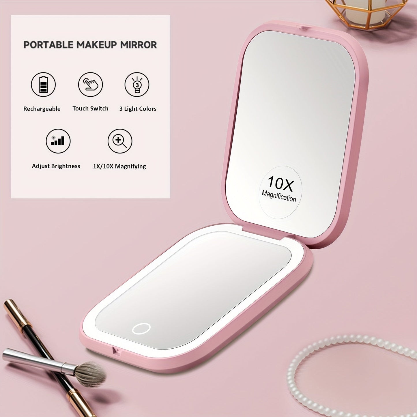 Rechargeable Pink or White LED Compact Mirror with 1X and 10X Views, Three Light Modes and Touch Dimming