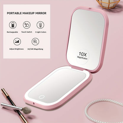 Rechargeable Pink or White LED Compact Mirror with 1X and 10X Views, Three Light Modes and Touch Dimming