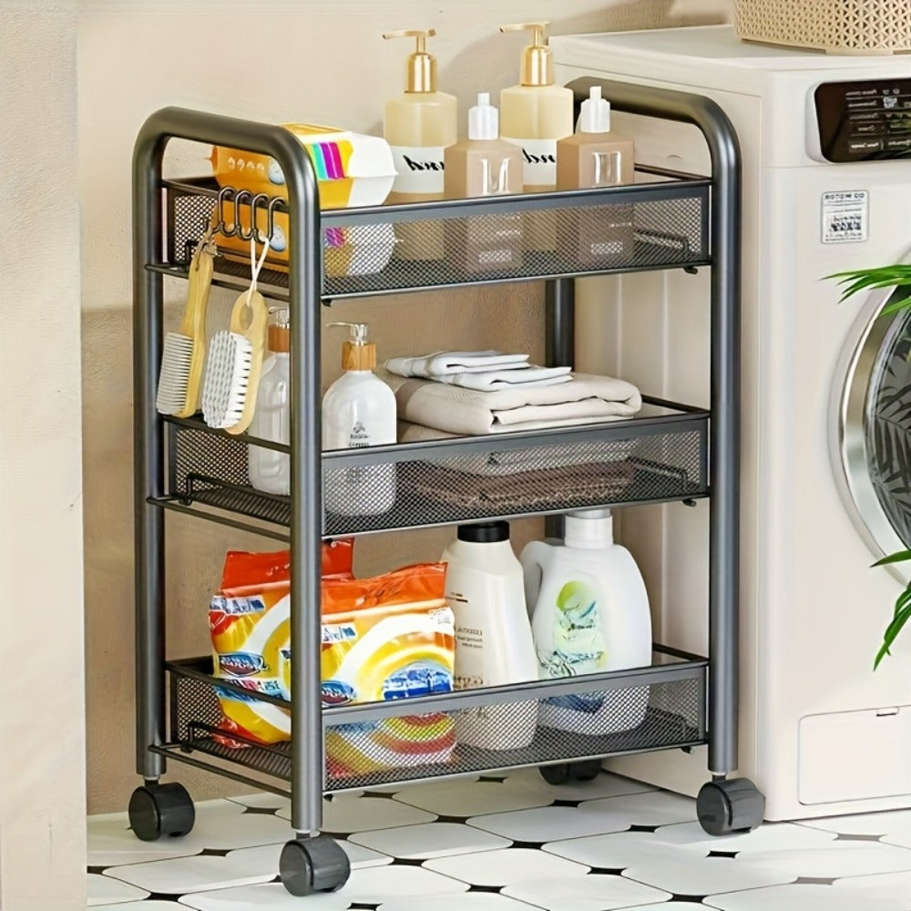 Rolling Storage Cart on Wheels – 3/4/5 Tier Carbon Steel Wire Basket Trolley, Black Metal Utility Cart for Kitchen, Bathroom, Bedroom