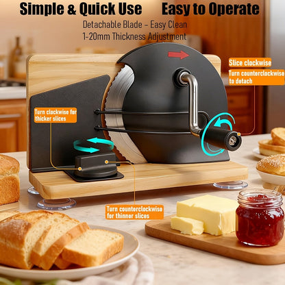 Bread Slicer Manual Adjustable Thickness Uniform Slices Hand Crank Serrated Blade Suction for Entryways, Bedrooms and Living Spaces