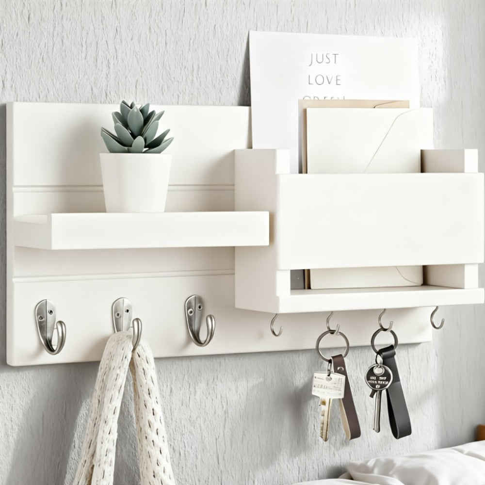 Wall Mounted Storage Rack with Mail Slot – Rustic Wood Floating Shelf with Hooks for Keys, Hats & Envelopes
