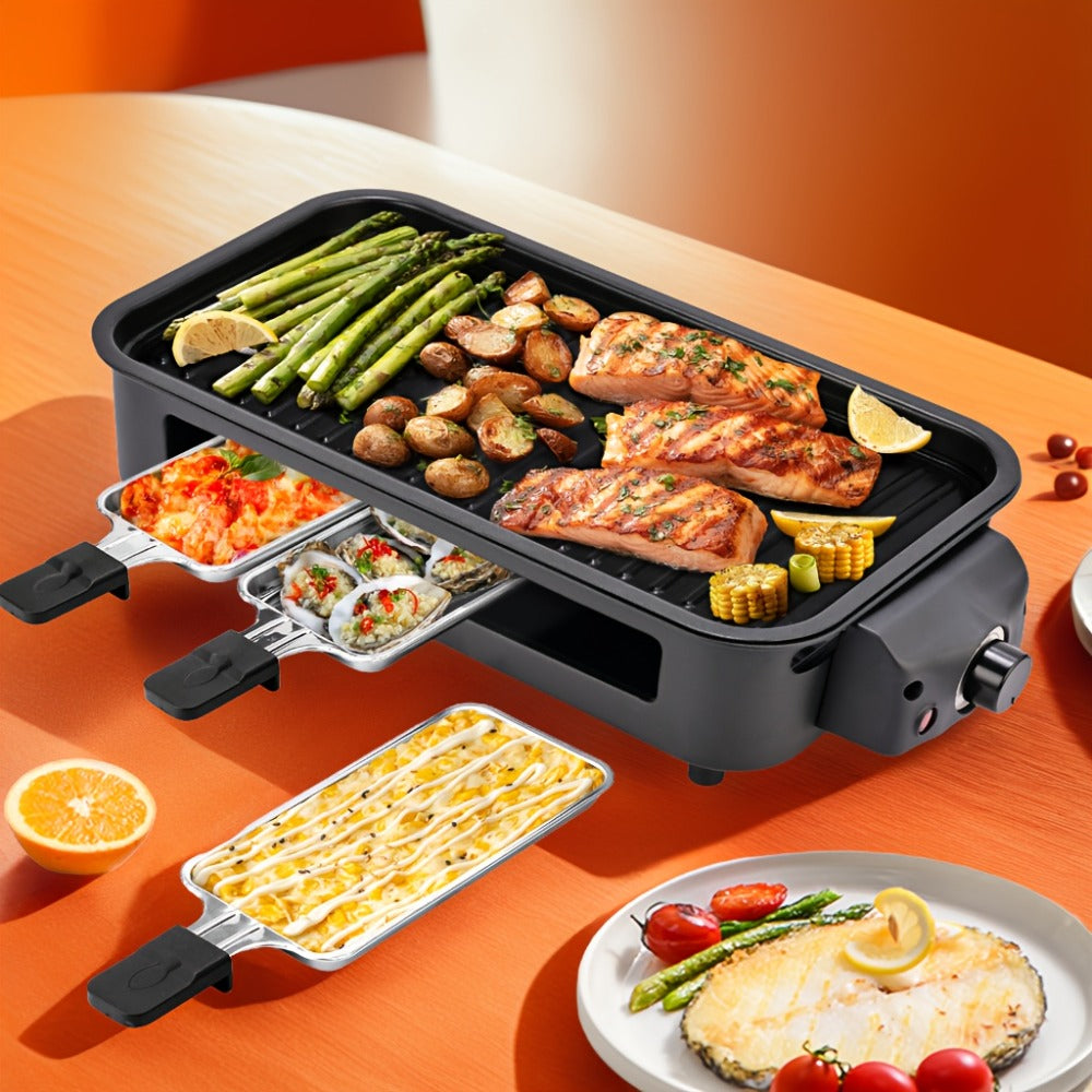 Indoor Electric Smokeless Grill 1500W, Raclette Table Grill with 3 Mini Pans, 16x9" Non-Stick Detachable Plate