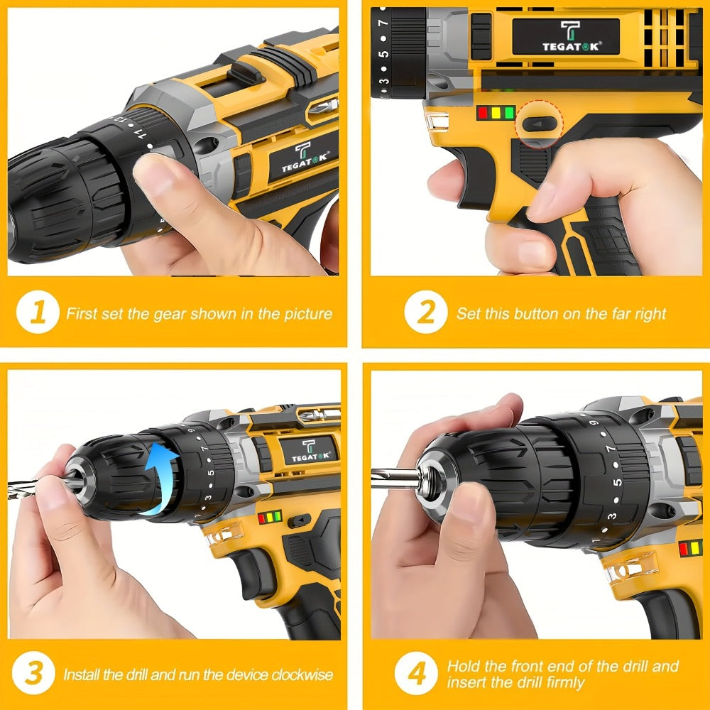 Cordless Drill Set 20V - Tegatok Impact Drill Kit with 45Nm Torque, 23-Speed Settings, LED Light