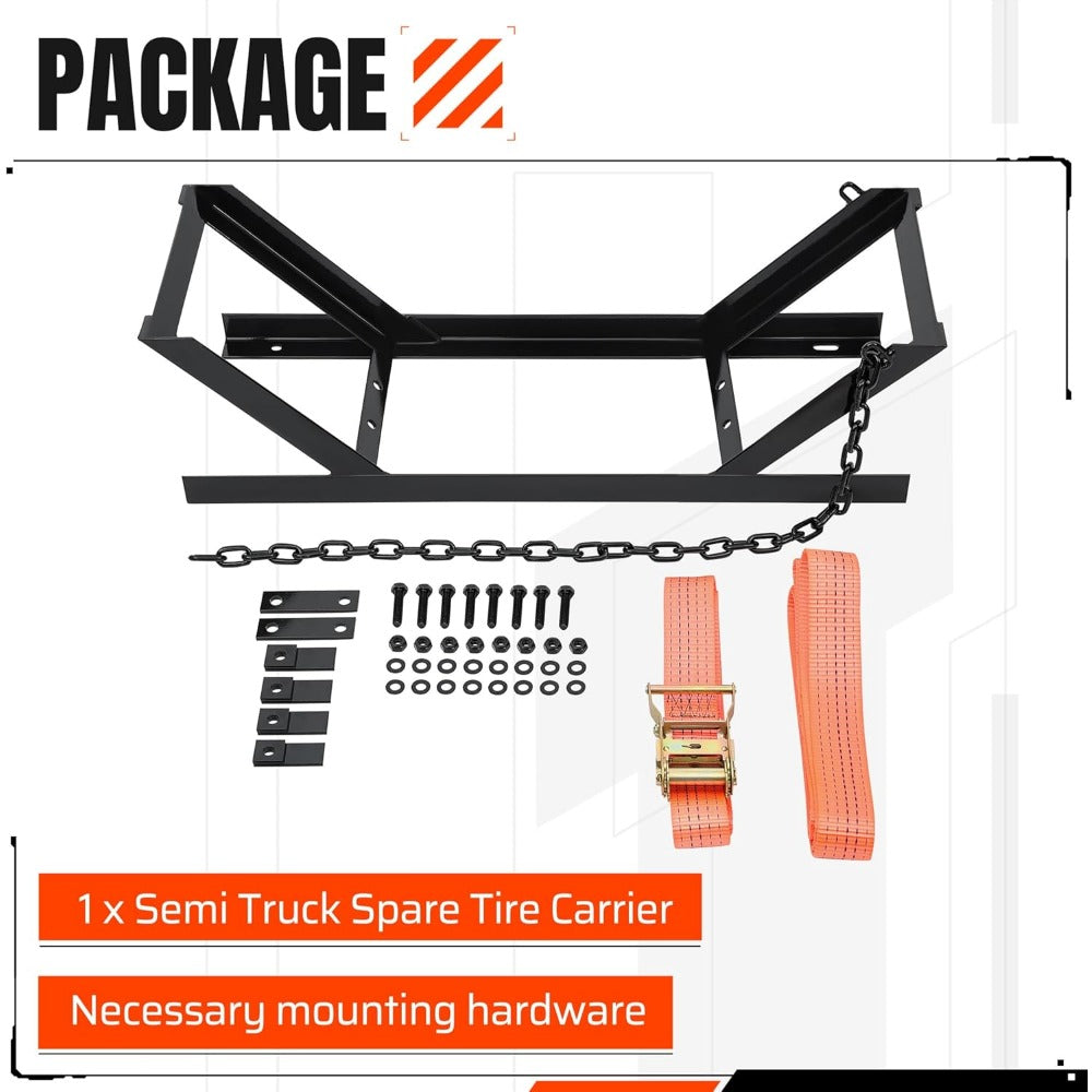 Semi Truck Spare Tire Carrier Rack Adjustable Steel Holder with Anti-Sway Chain & Ratchet Strap for Class 8 Semi-Trailers Kenworth Peterbilt