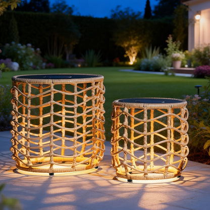 Outdoor Side Tables for Patio, Set of 2 Nesting PE Wicker Frames with Tempered Glass Tops for Patio or Balcony Layouts