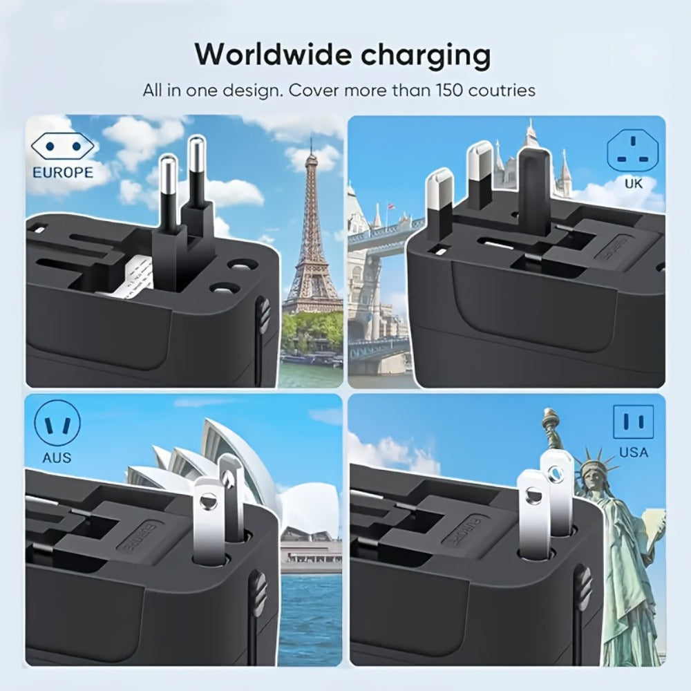 Universal Travel Adapter with Surge Protection - 2 USB & Type-C Ports, All-in-One International Plug for 350+ Countries