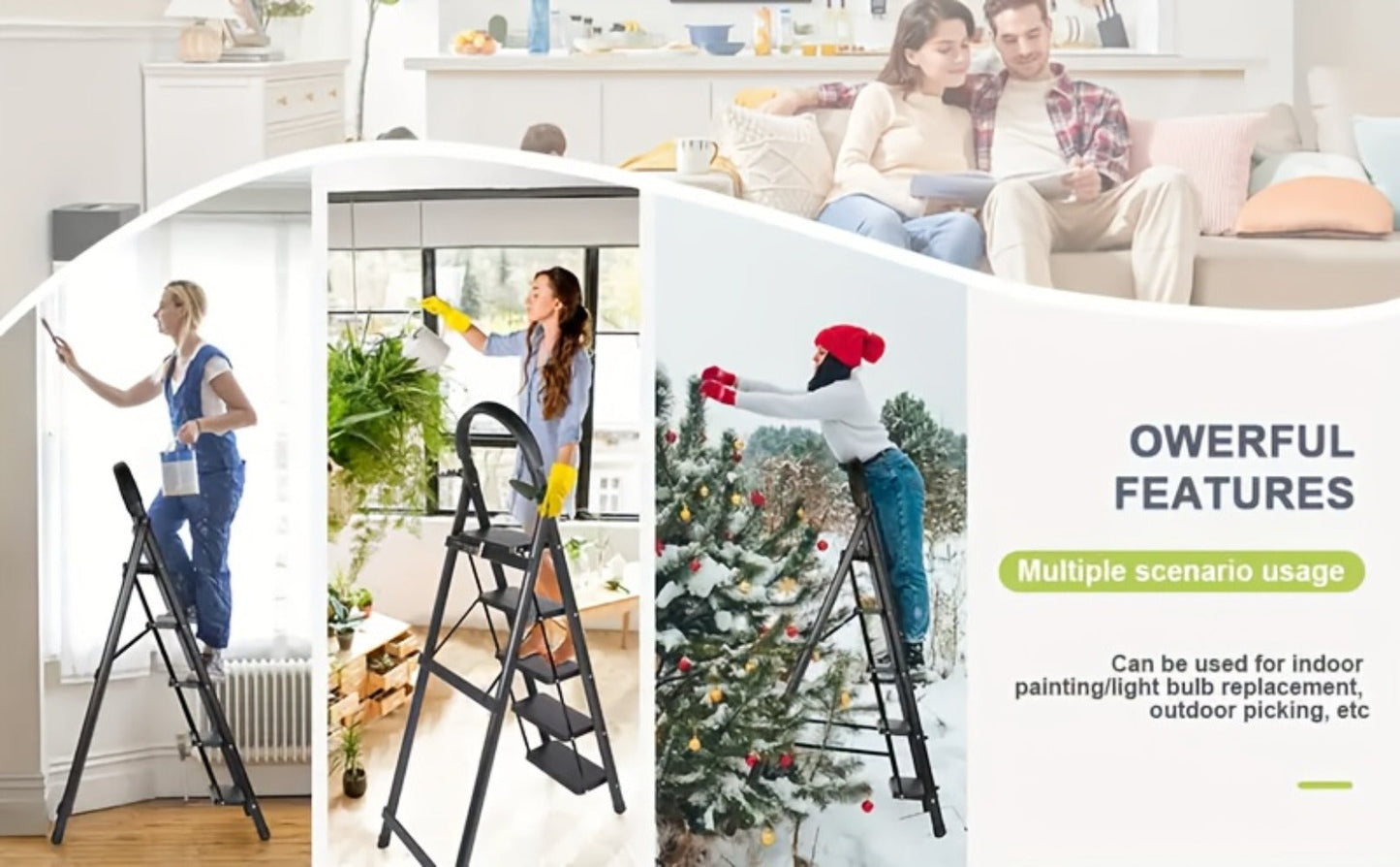 Folding Step Ladder 3 / 4 / 5 Step with Anti-Slip Pedal & Tool Tray, Portable Steel Step Stool for Adults