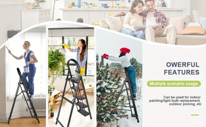 Folding Step Ladder 3 / 4 / 5 Step with Anti-Slip Pedal & Tool Tray, Portable Steel Step Stool for Adults