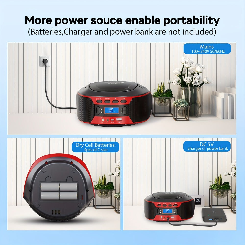 Bluetooth CD Player Boombox with FM Radio, Portable CD Boombox with AUX USB Playback, Earphone Jack